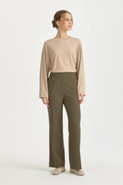 Elastic Waistband Ironed Crease Trousers - Khaki