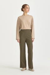 Elastic Waistband Ironed Crease Trousers - Khaki