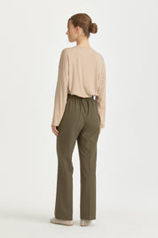 Elastic Waistband Ironed Crease Trousers - Khaki