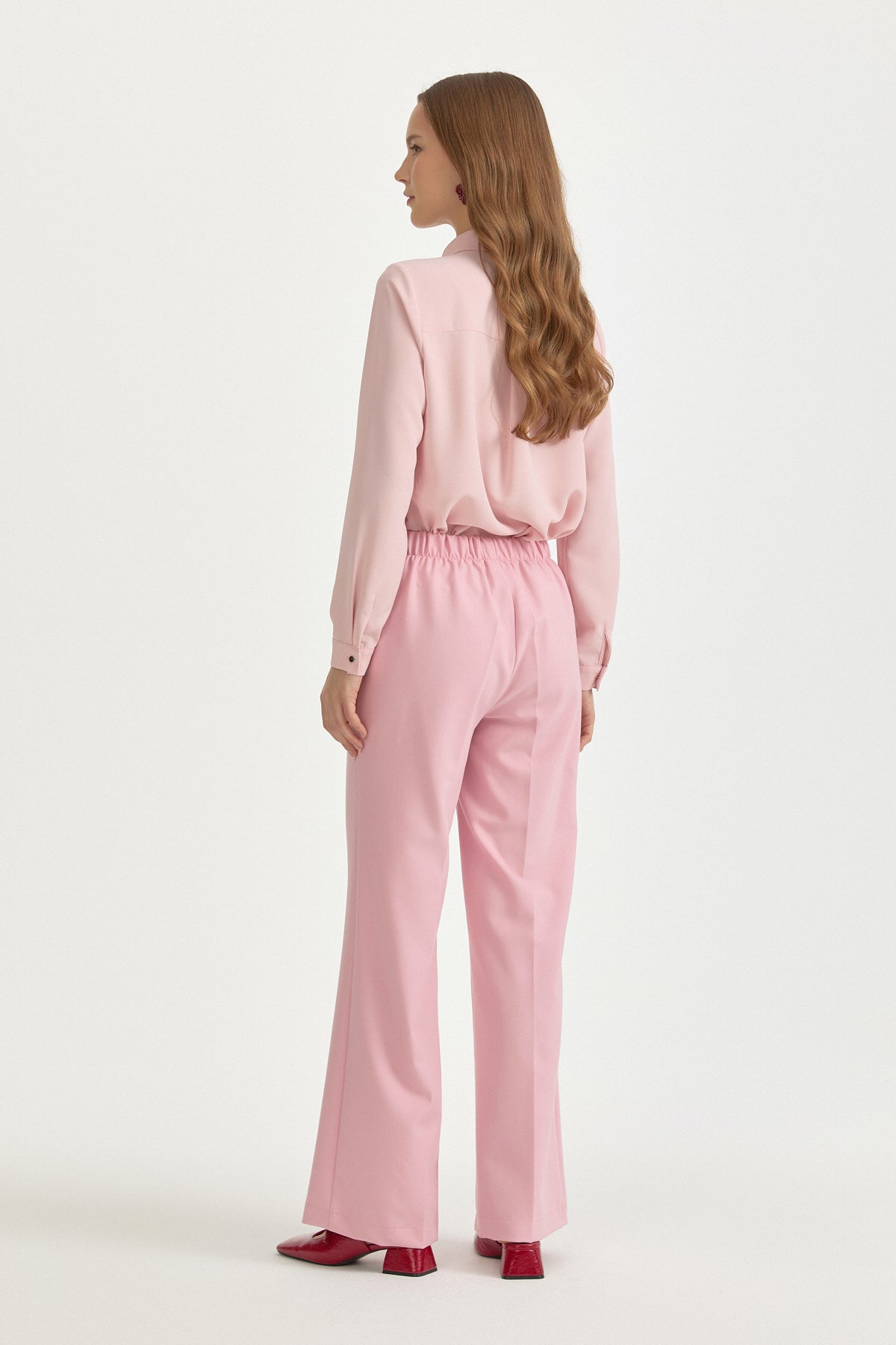 Elastic-Waist Ironed Crease Basic Viscose Trousers - Pink