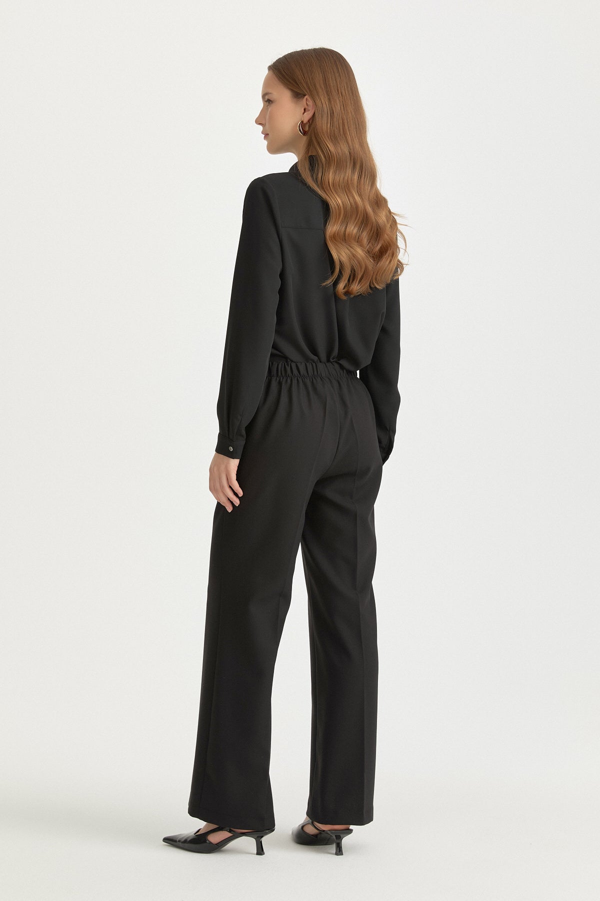 Elasticated Waist Ironed-Crease Basic Viscose Trousers - Black