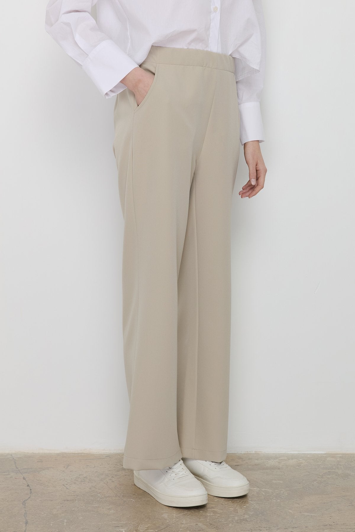 Elastic Waistband Ironed Trousers - Stone
