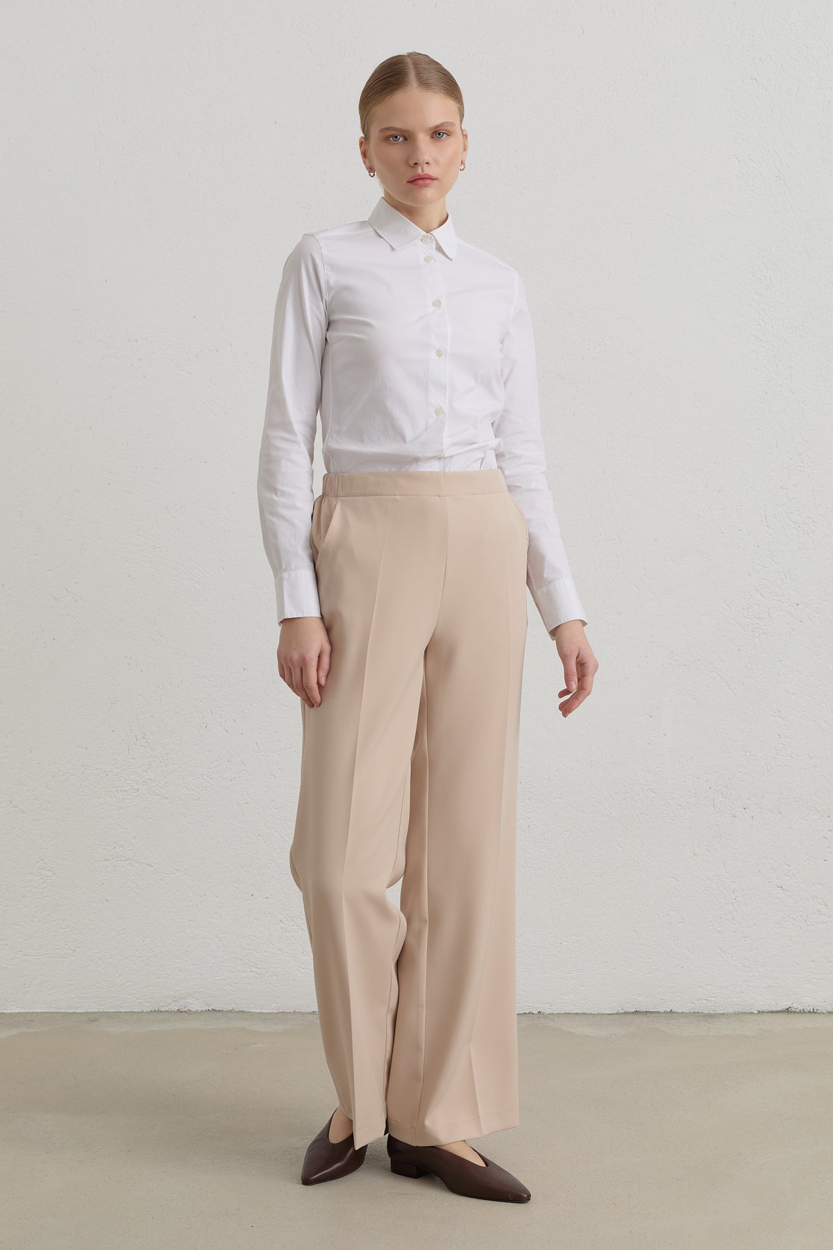 Elastic Waist Basic Ironed Trousers - Stone