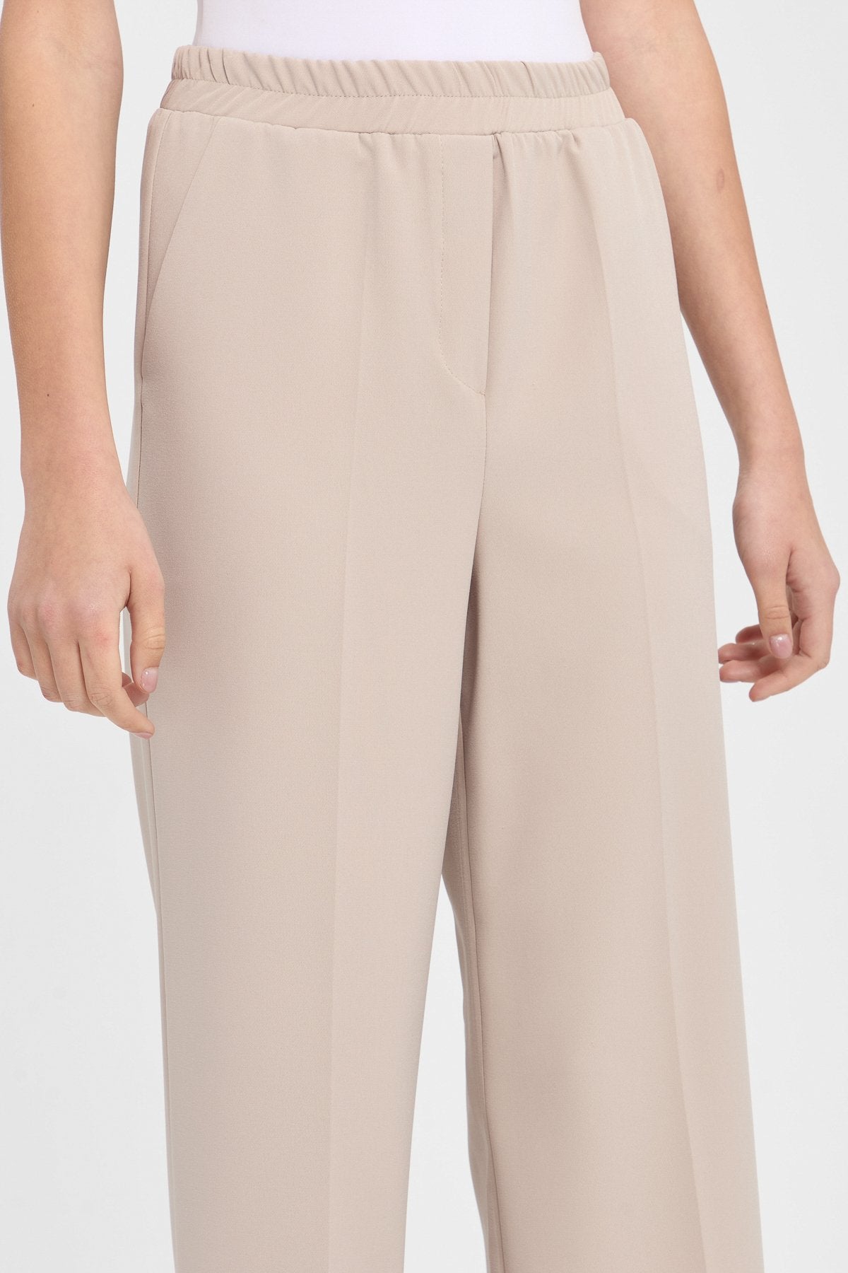 High-Waisted Pants with Elastic Waistband - Beige