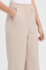 High-Waisted Pants with Elastic Waistband - Beige