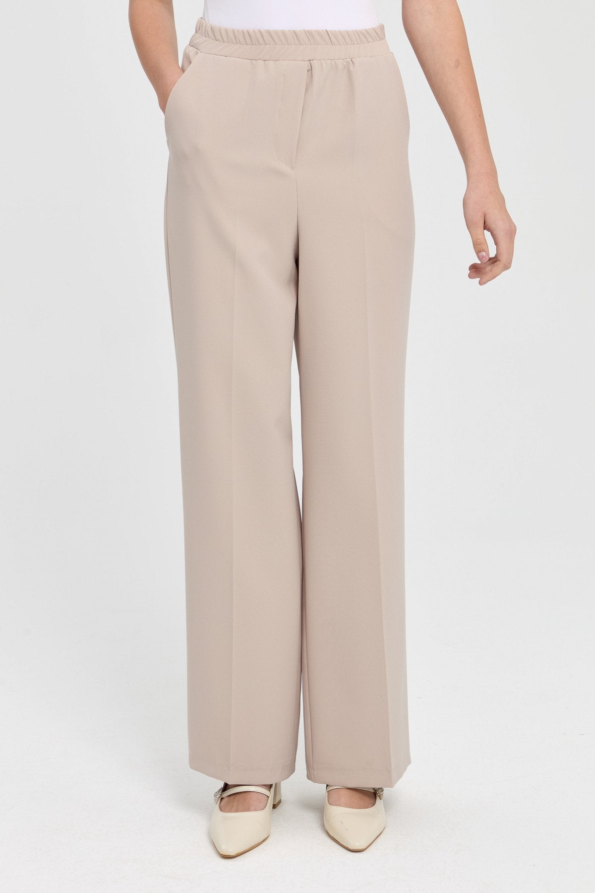 High-Waisted Pants with Elastic Waistband - Beige