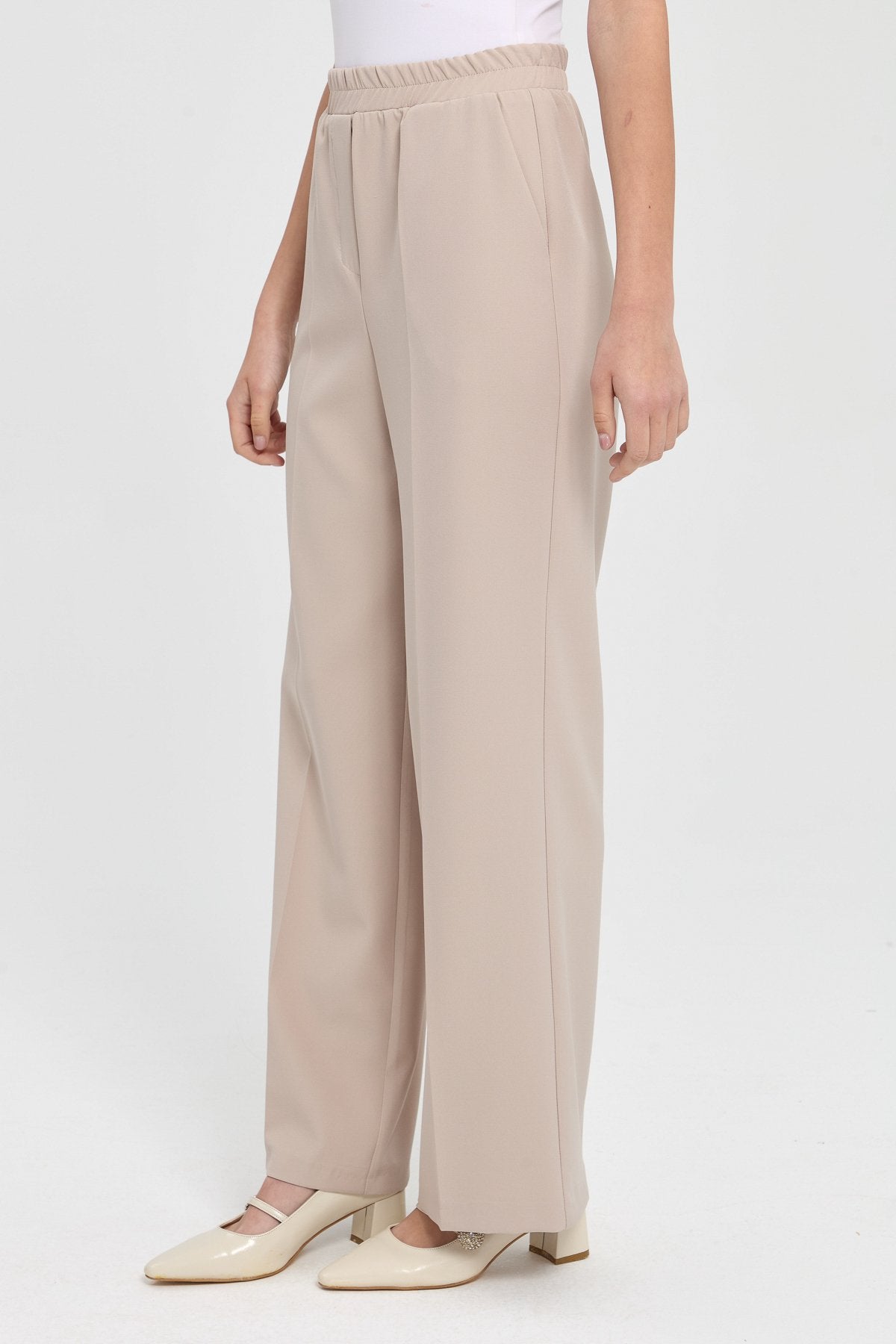 High-Waisted Pants with Elastic Waistband - Beige