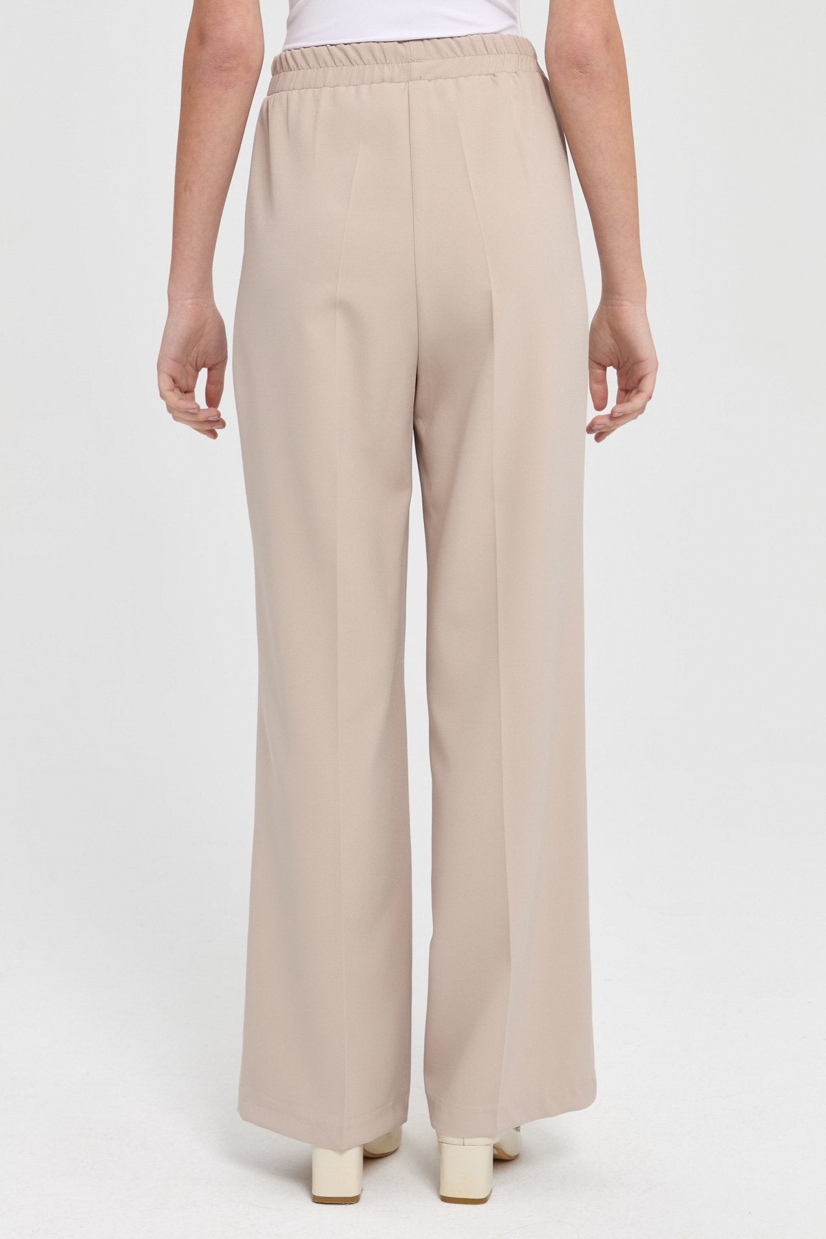 High-Waisted Pants with Elastic Waistband - Beige