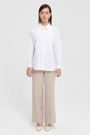 High-Waisted Pants with Elastic Waistband - Beige