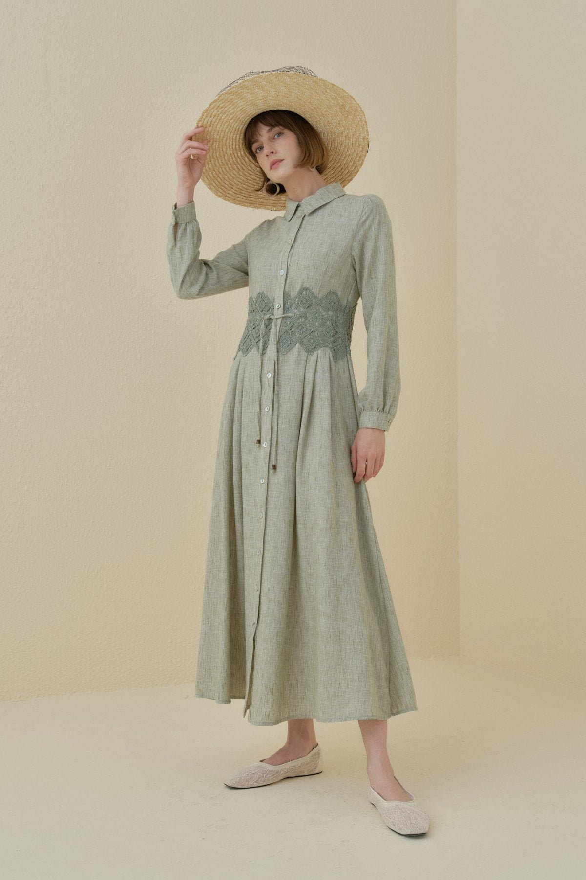 Linen-Look Dress with Macrame Detail at the Waist - Khaki