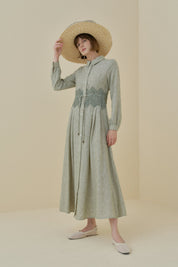 Linen-Look Dress with Macrame Detail at the Waist - Khaki