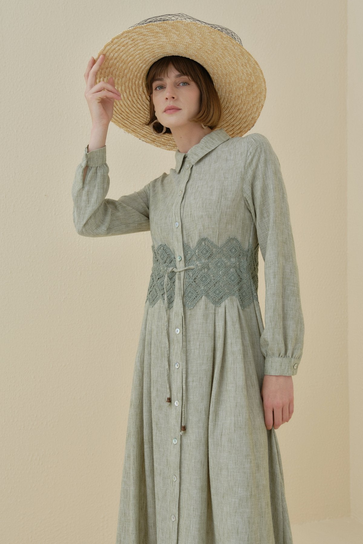 Linen-Look Dress with Macrame Detail at the Waist - Khaki
