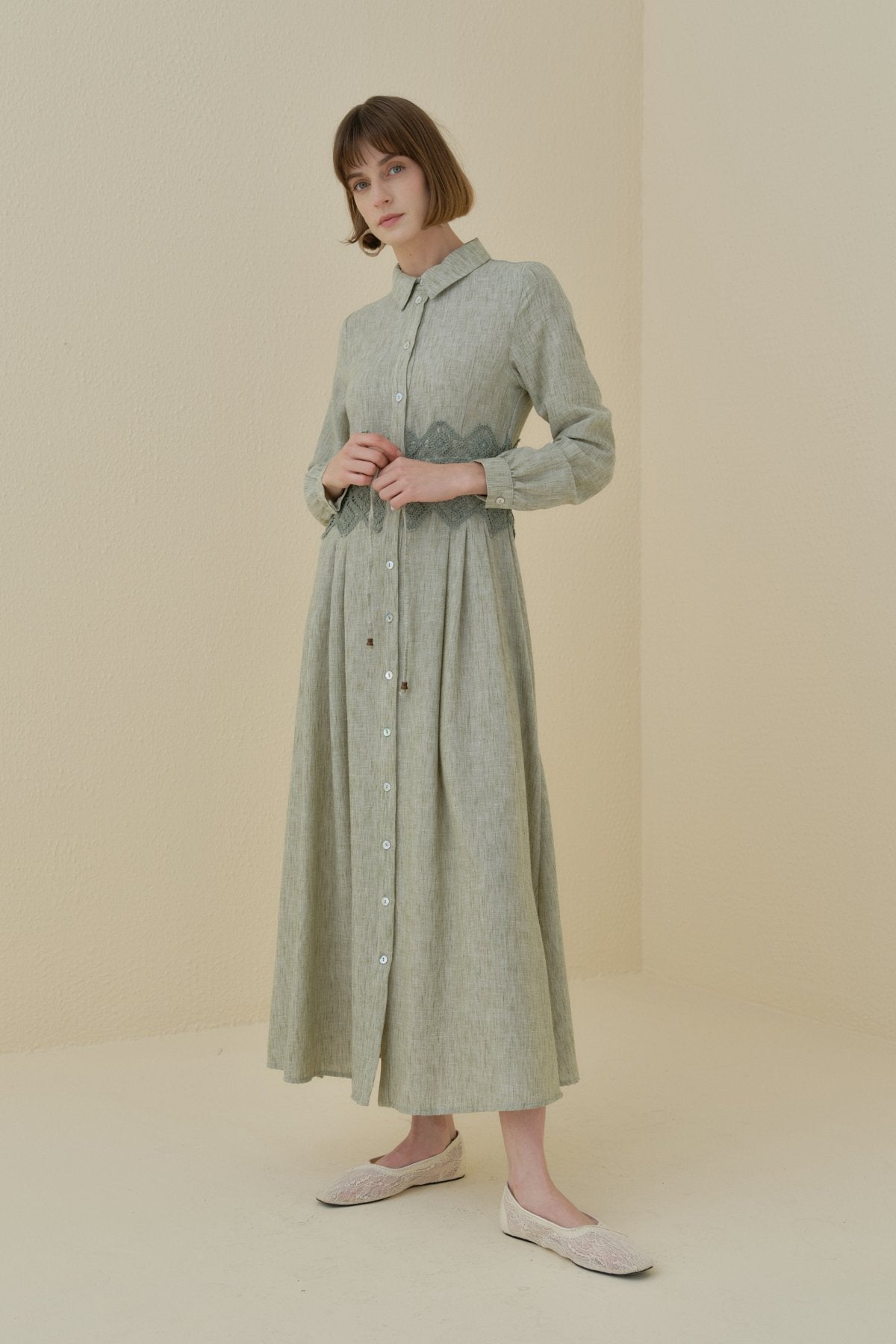 Linen-Look Dress with Macrame Detail at the Waist - Khaki