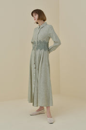 Linen-Look Dress with Macrame Detail at the Waist - Khaki