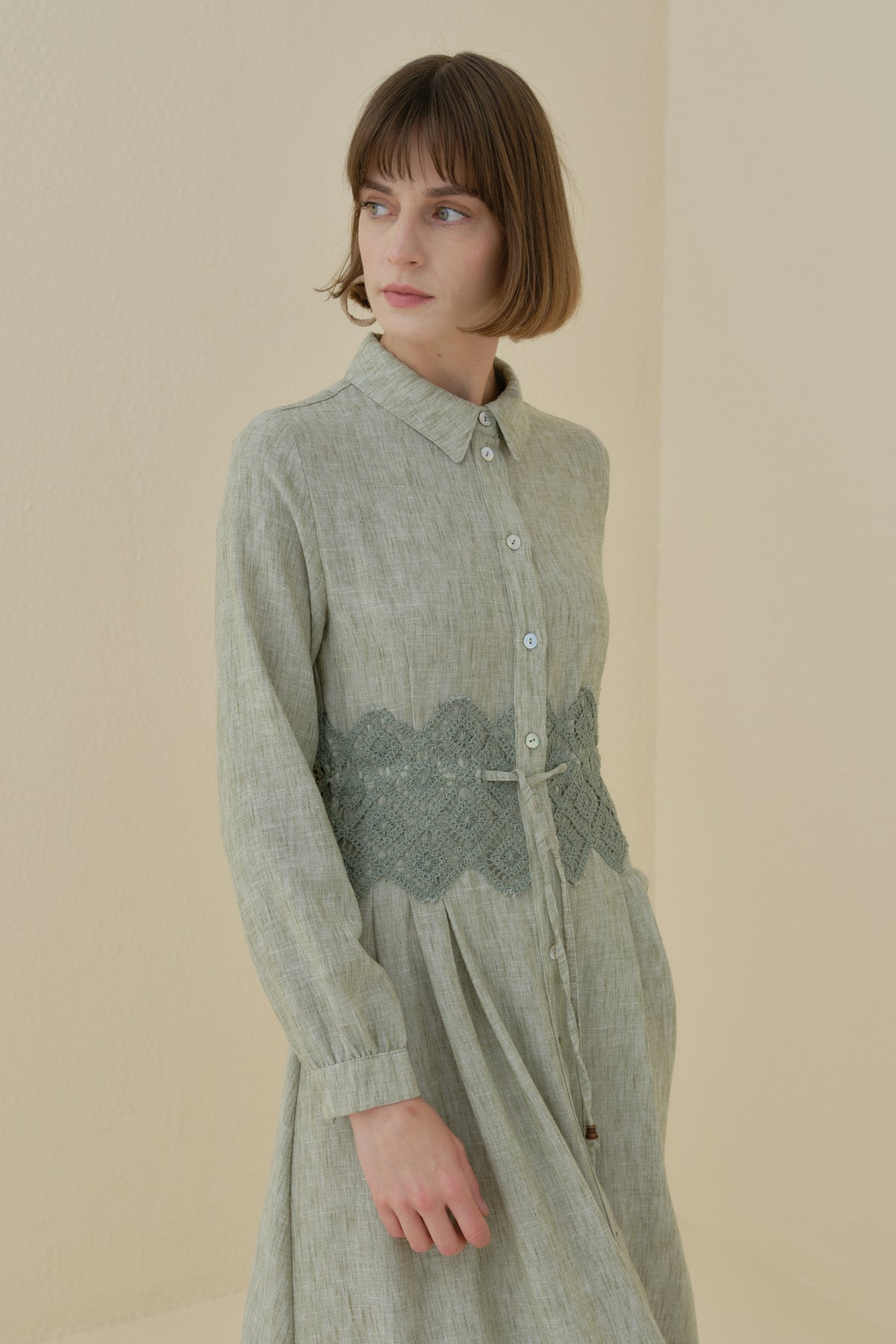 Linen-Look Dress with Macrame Detail at the Waist - Khaki
