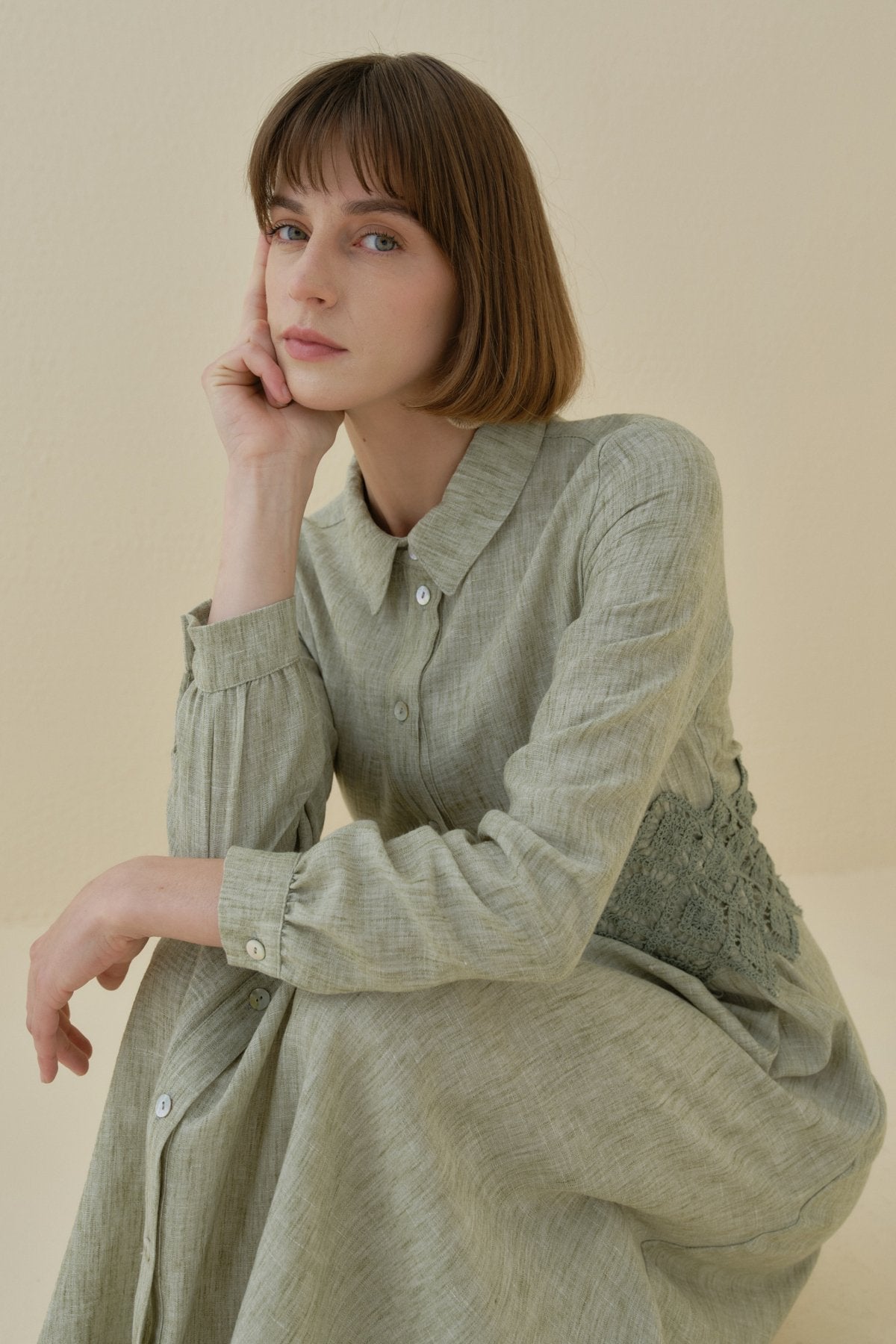Linen-Look Dress with Macrame Detail at the Waist - Khaki