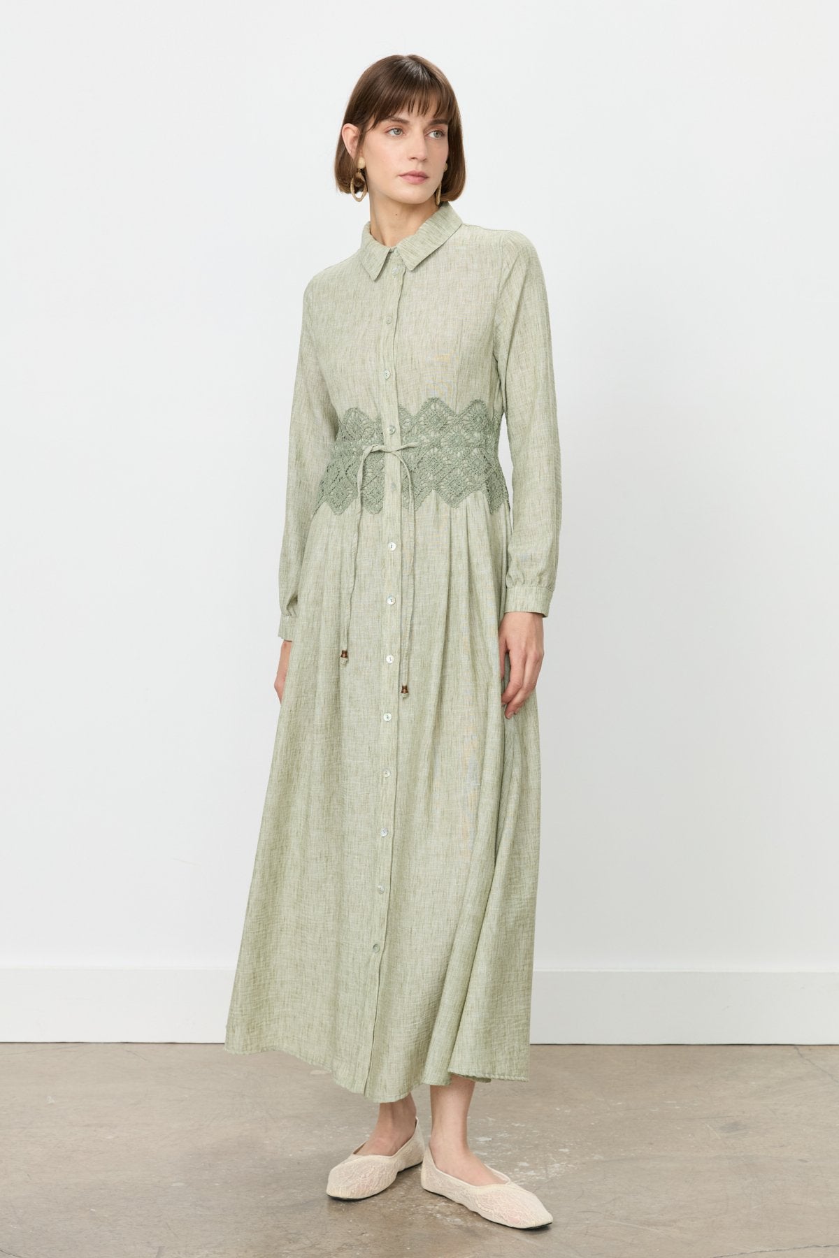 Linen-Look Dress with Macrame Detail at the Waist - Khaki