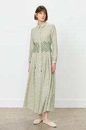 Linen-Look Dress with Macrame Detail at the Waist - Khaki