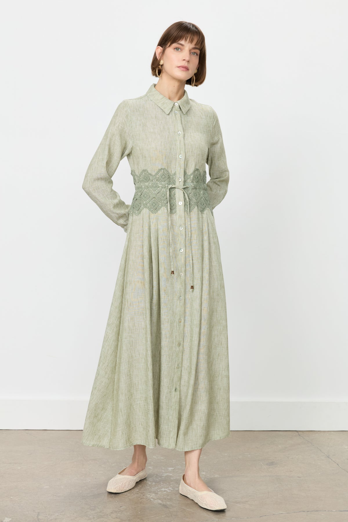Linen-Look Dress with Macrame Detail at the Waist - Khaki