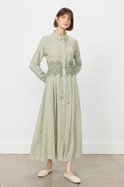 Linen-Look Dress with Macrame Detail at the Waist - Khaki