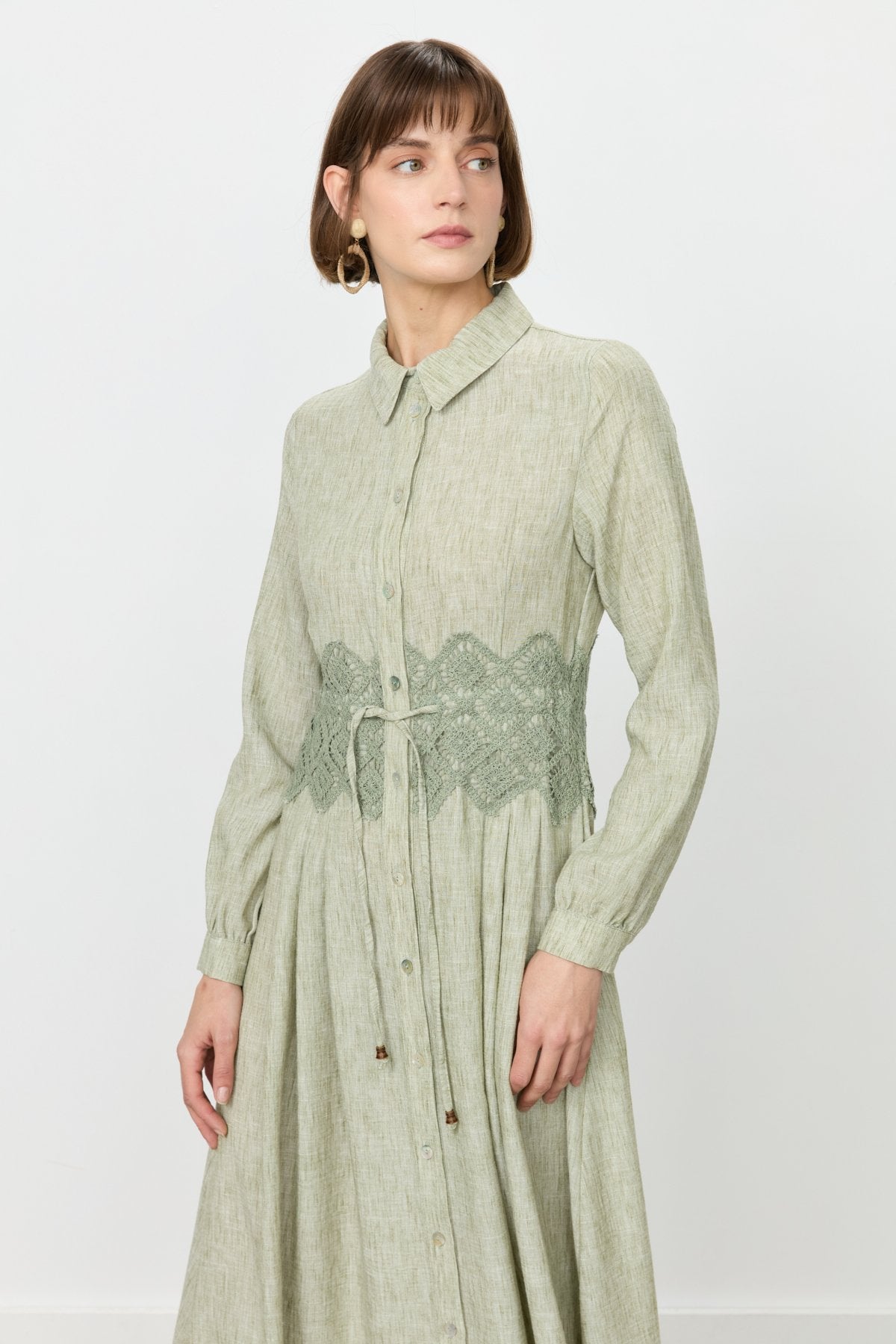 Linen-Look Dress with Macrame Detail at the Waist - Khaki