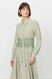 Linen-Look Dress with Macrame Detail at the Waist - Khaki