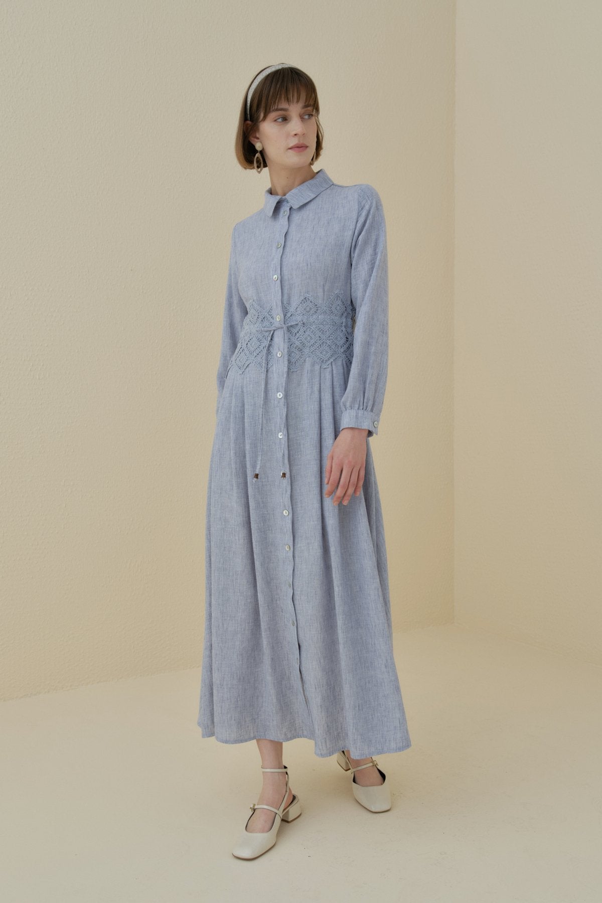 Linen-Look Dress with Macrame Detail at the Waist - Indigo