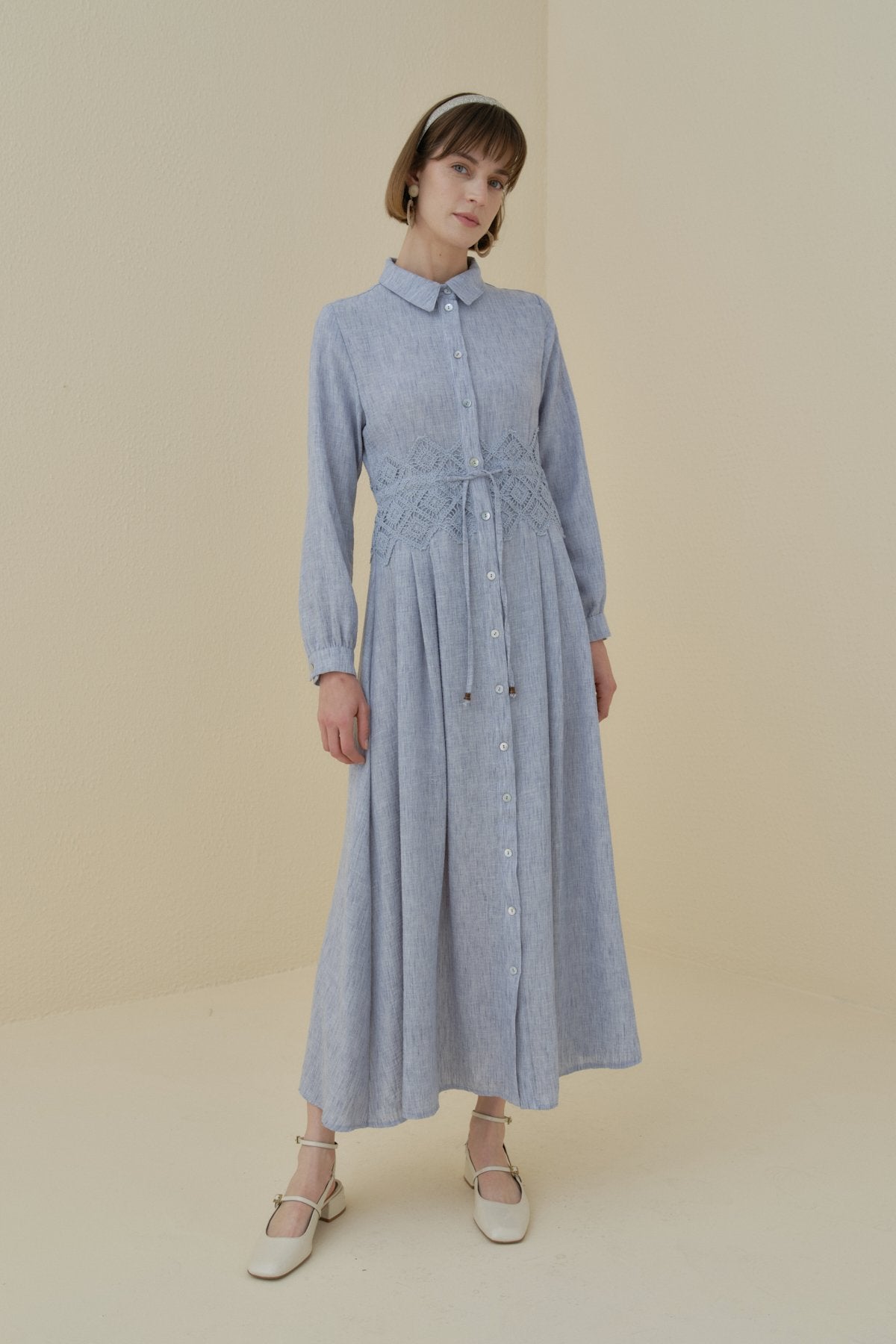 Linen-Look Dress with Macrame Detail at the Waist - Indigo
