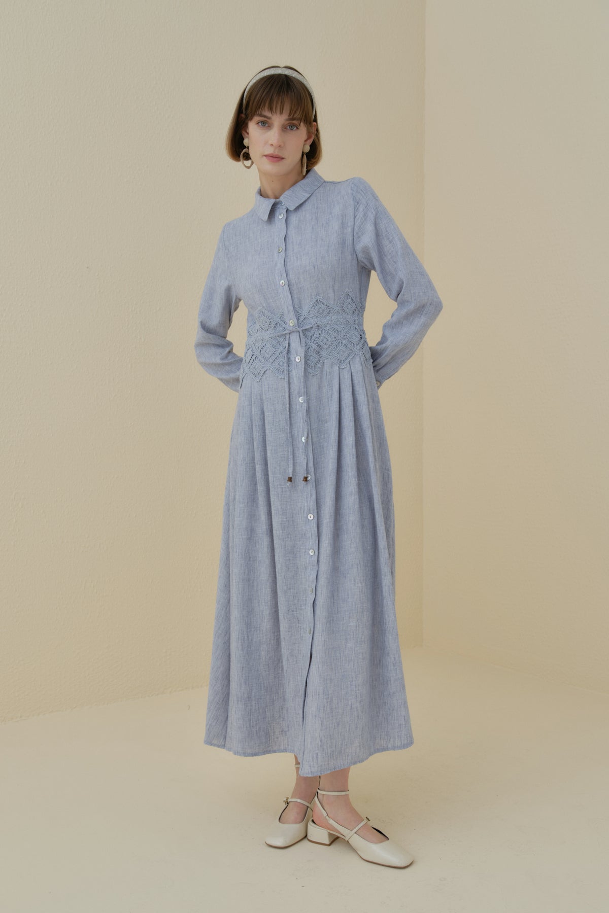 Linen-Look Dress with Macrame Detail at the Waist - Indigo