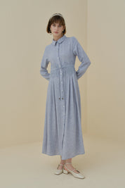 Linen-Look Dress with Macrame Detail at the Waist - Indigo