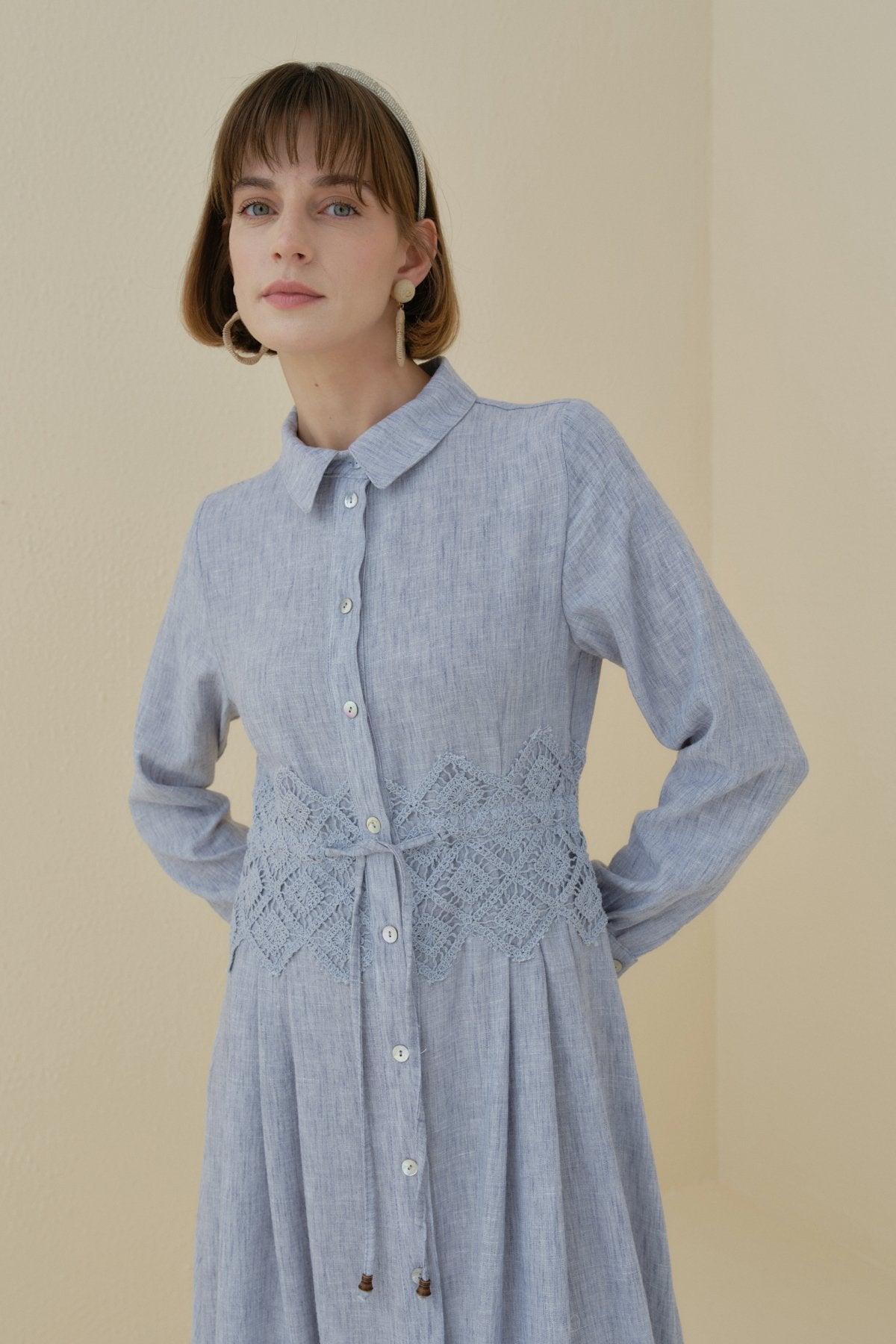 Linen-Look Dress with Macrame Detail at the Waist - Indigo