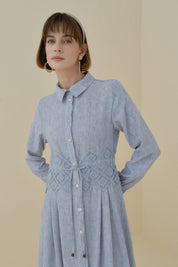 Linen-Look Dress with Macrame Detail at the Waist - Indigo