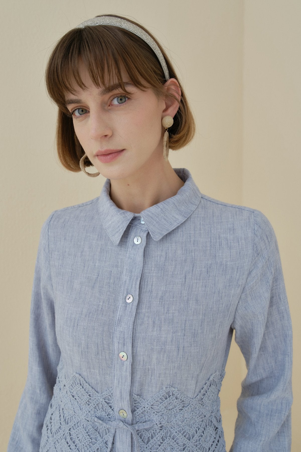 Linen-Look Dress with Macrame Detail at the Waist - Indigo