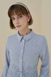 Linen-Look Dress with Macrame Detail at the Waist - Indigo
