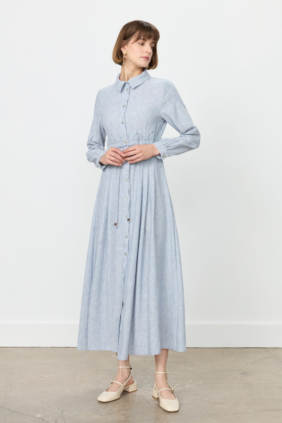 Linen-Look Dress with Macrame Detail at the Waist - Indigo
