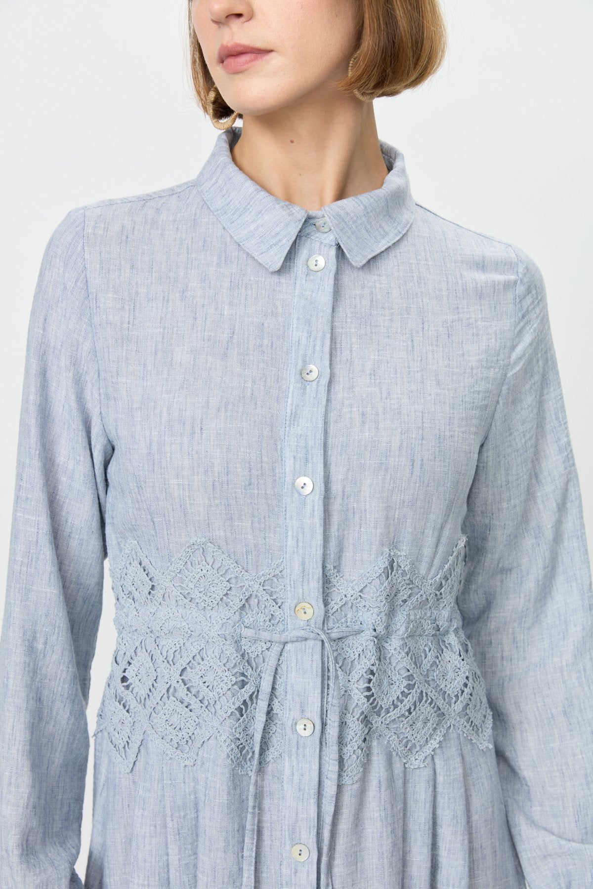 Linen-Look Dress with Macrame Detail at the Waist - Indigo