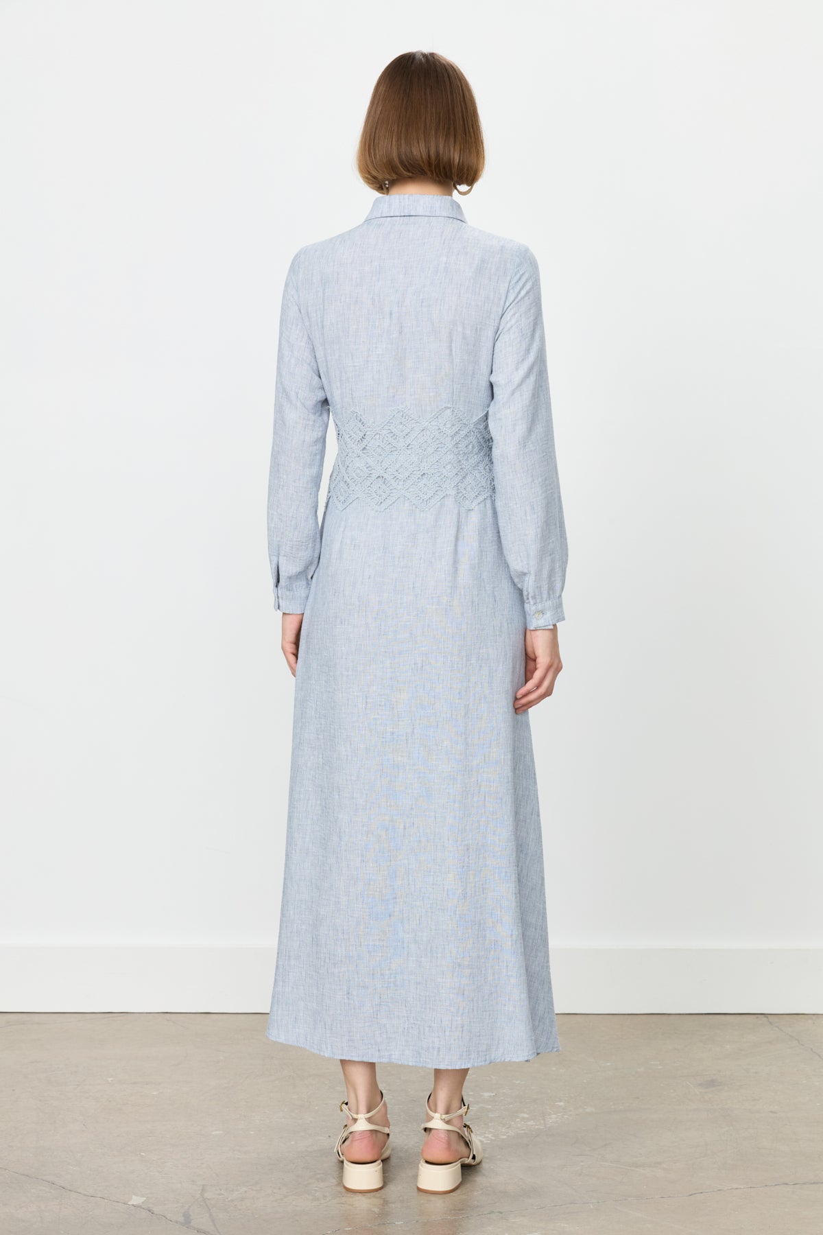 Linen-Look Dress with Macrame Detail at the Waist - Indigo