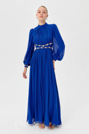 Beli ve Kolları Taşlı Abiye - Saks
