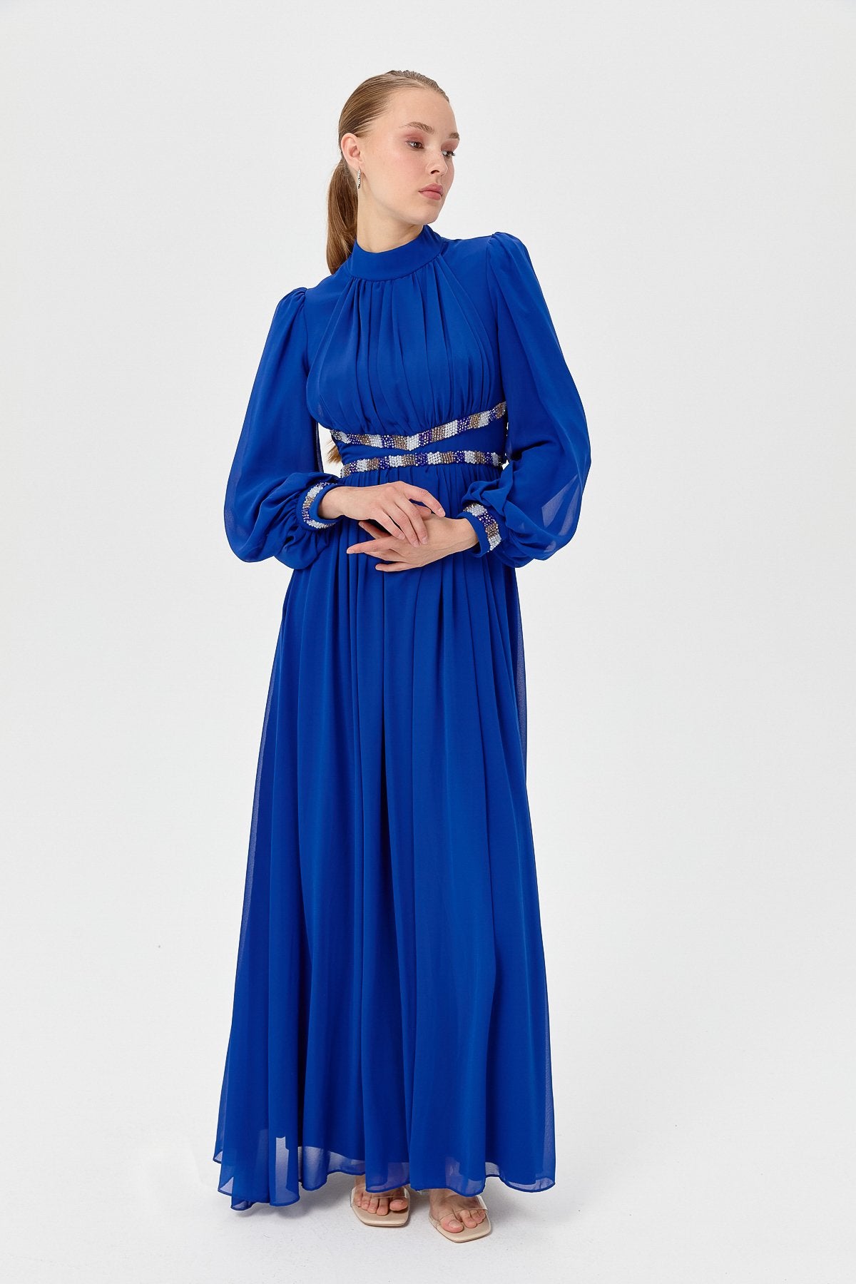 Beli ve Kolları Taşlı Abiye - Saks