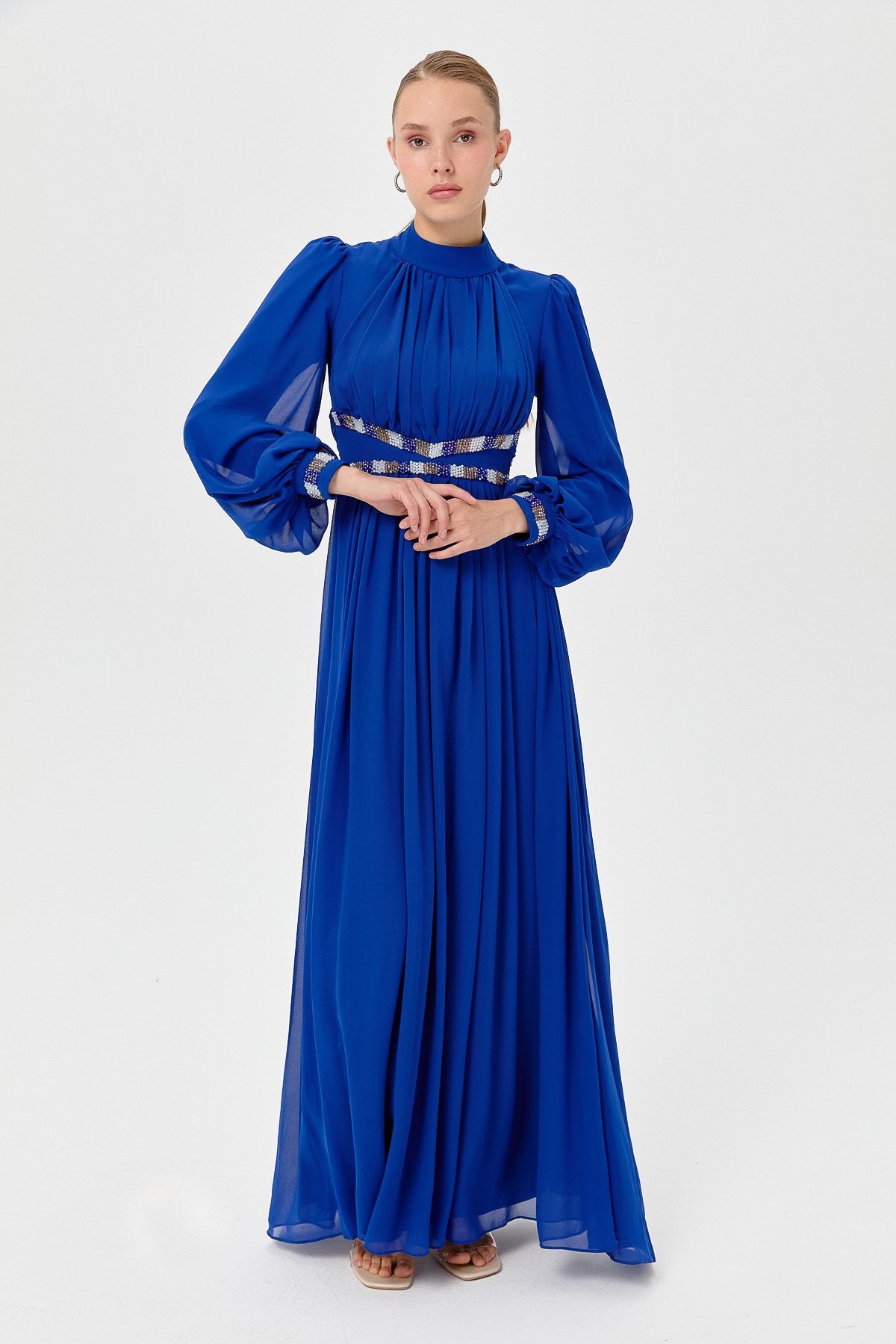 Beli ve Kolları Taşlı Abiye - Saks