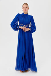 Beli ve Kolları Taşlı Abiye - Saks