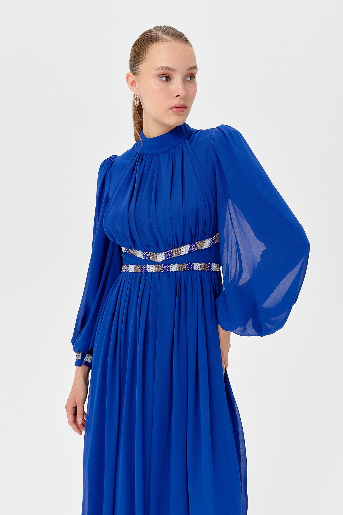 Beli ve Kolları Taşlı Abiye - Saks