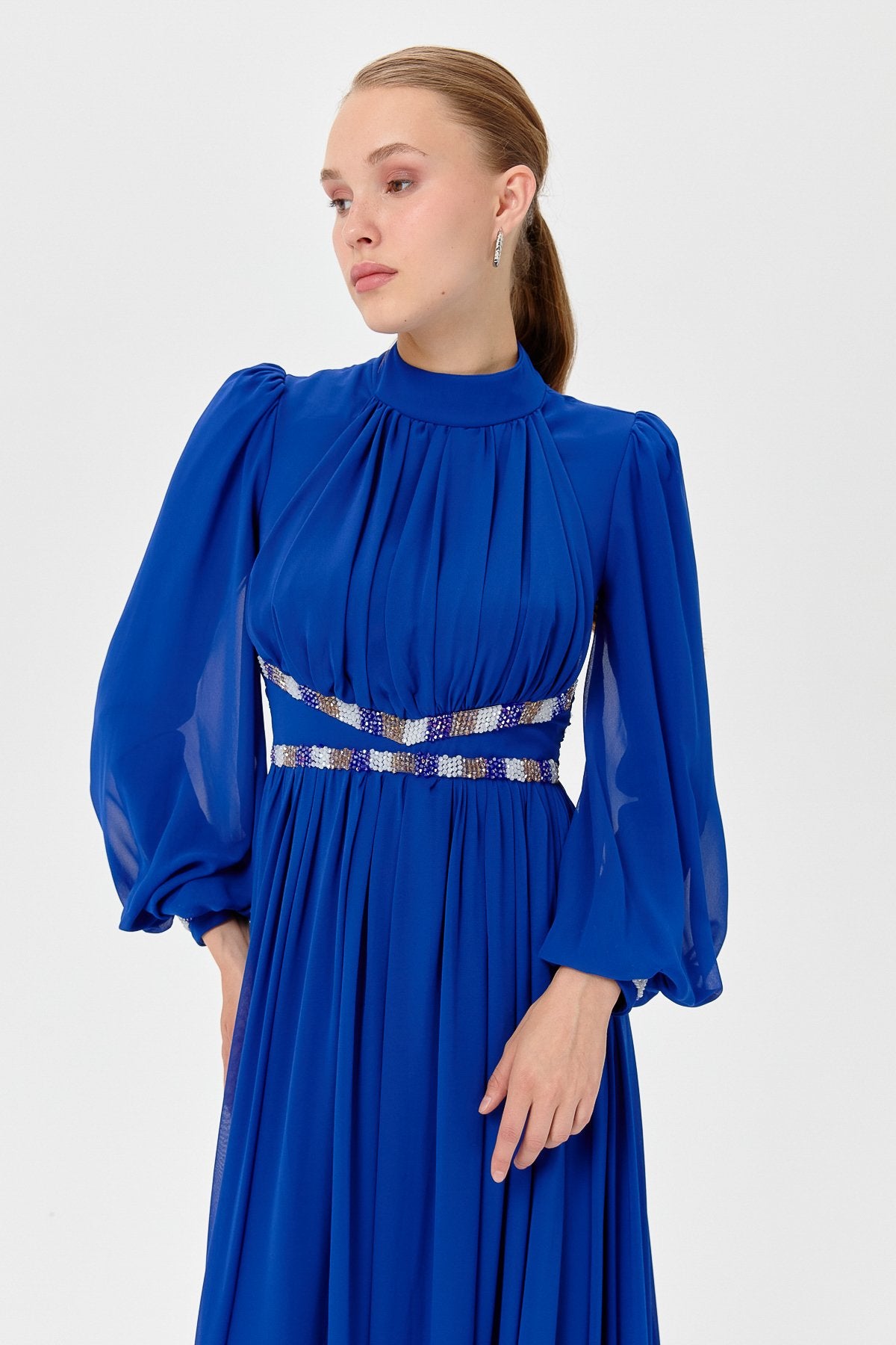 Beli ve Kolları Taşlı Abiye - Saks