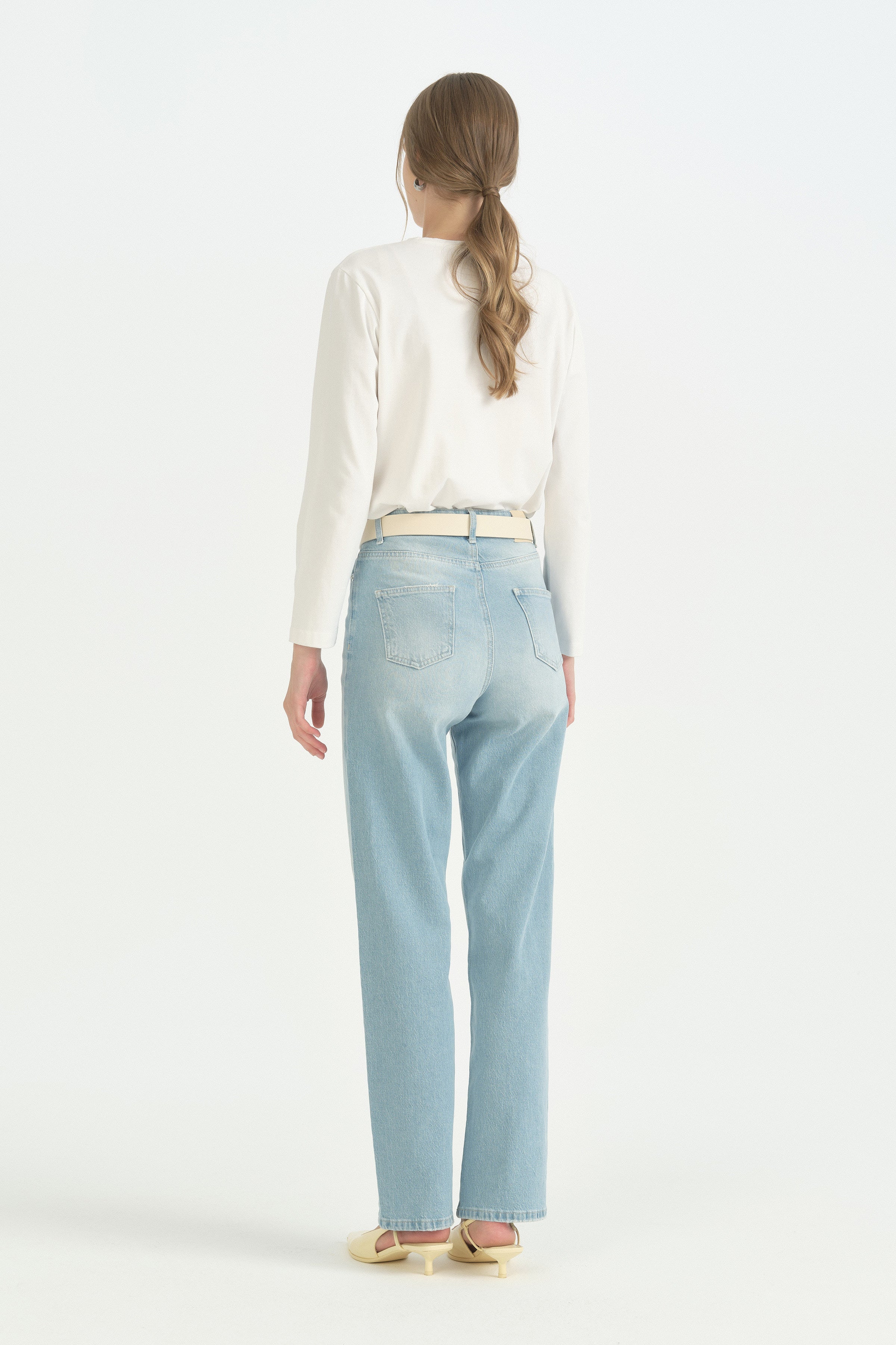 Bol Paça Denim Pamuk Kot Pantolon - Açık Mavi