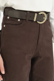 Bol Paça Denim Pamuk Kot Pantolon - Kahve