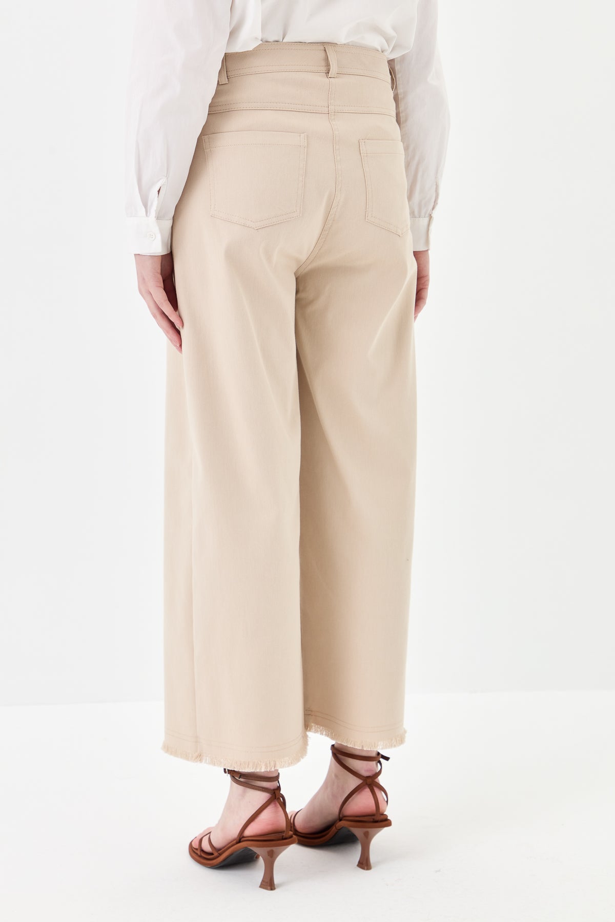 Wide-Leg Canvas Trousers - Beige