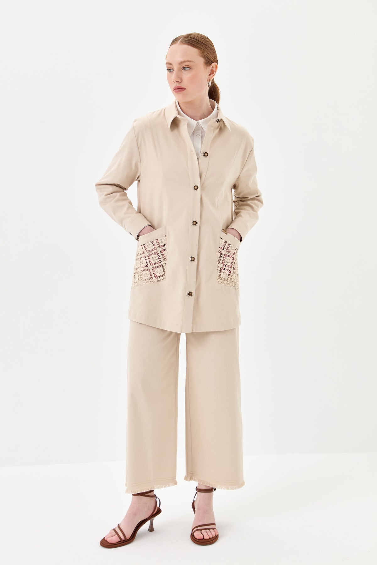 Wide-Leg Canvas Trousers - Beige