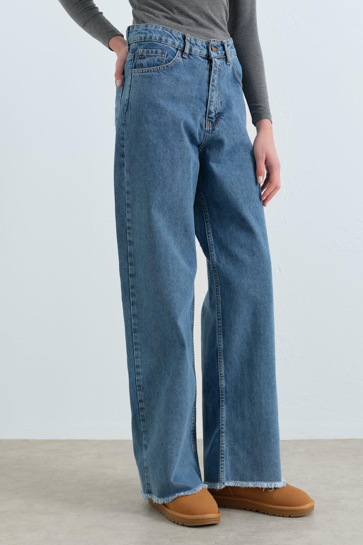 Bol Paça Yüksek Bel Kot Denim Pantolon - Açık Mavi