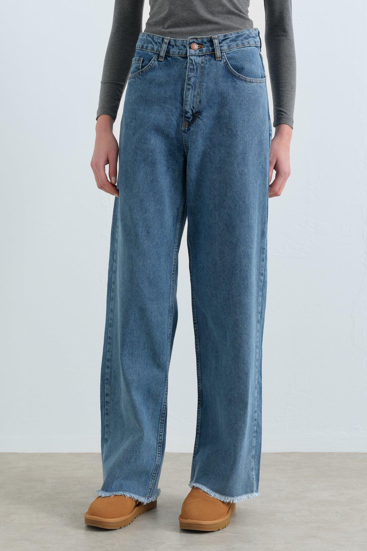 Bol Paça Yüksek Bel Kot Denim Pantolon - Açık Mavi