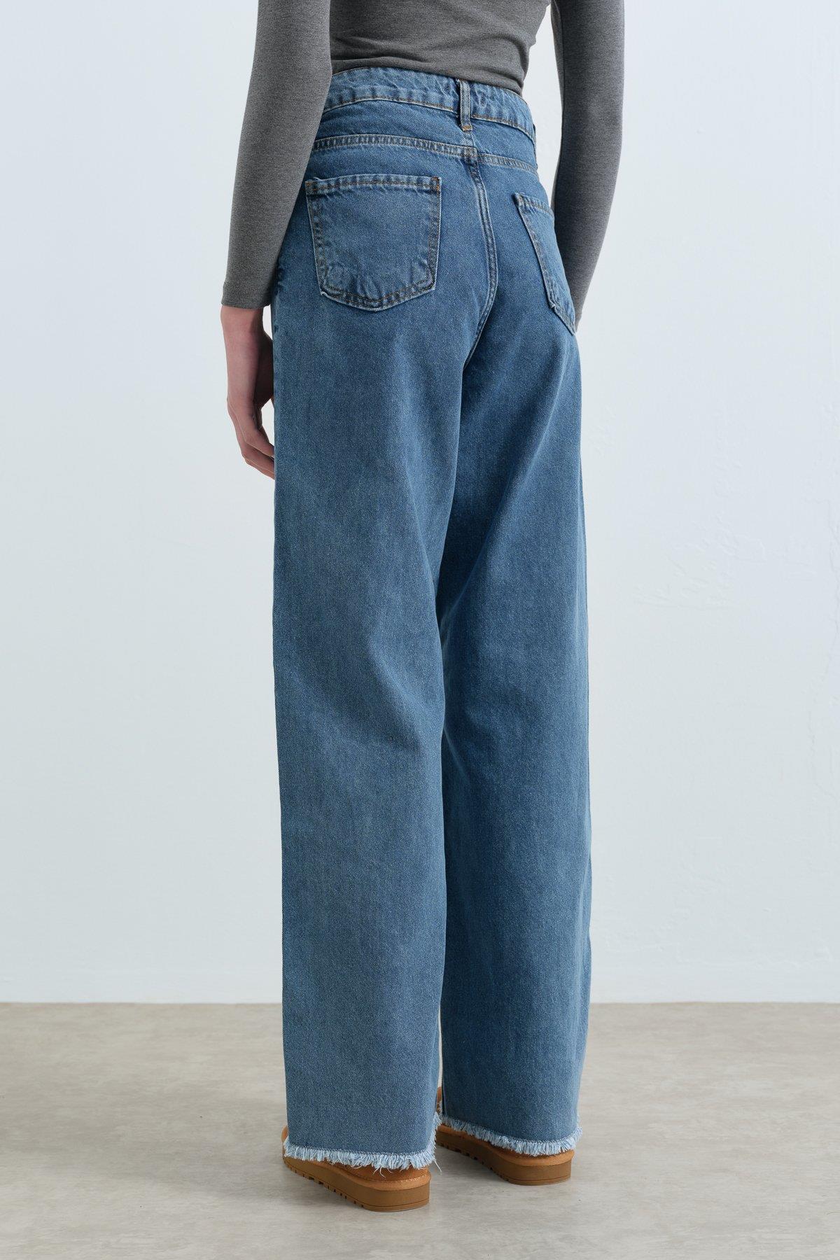 Bol Paça Yüksek Bel Kot Denim Pantolon - Açık Mavi